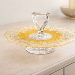 Vintage 1970’s Bohemian Czech MCM Canary Compote Platter with Handle